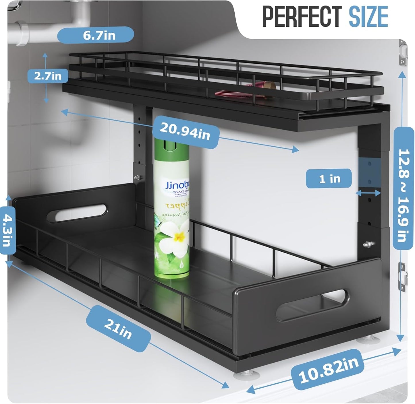 2 Pack 21 IN Depth Pull Out Cabinet Storage With Smooth Rails,2-Tier Dual Pull Out Cabinet Storage For Bathroom Kitchen,Under Sink Shelf-Black