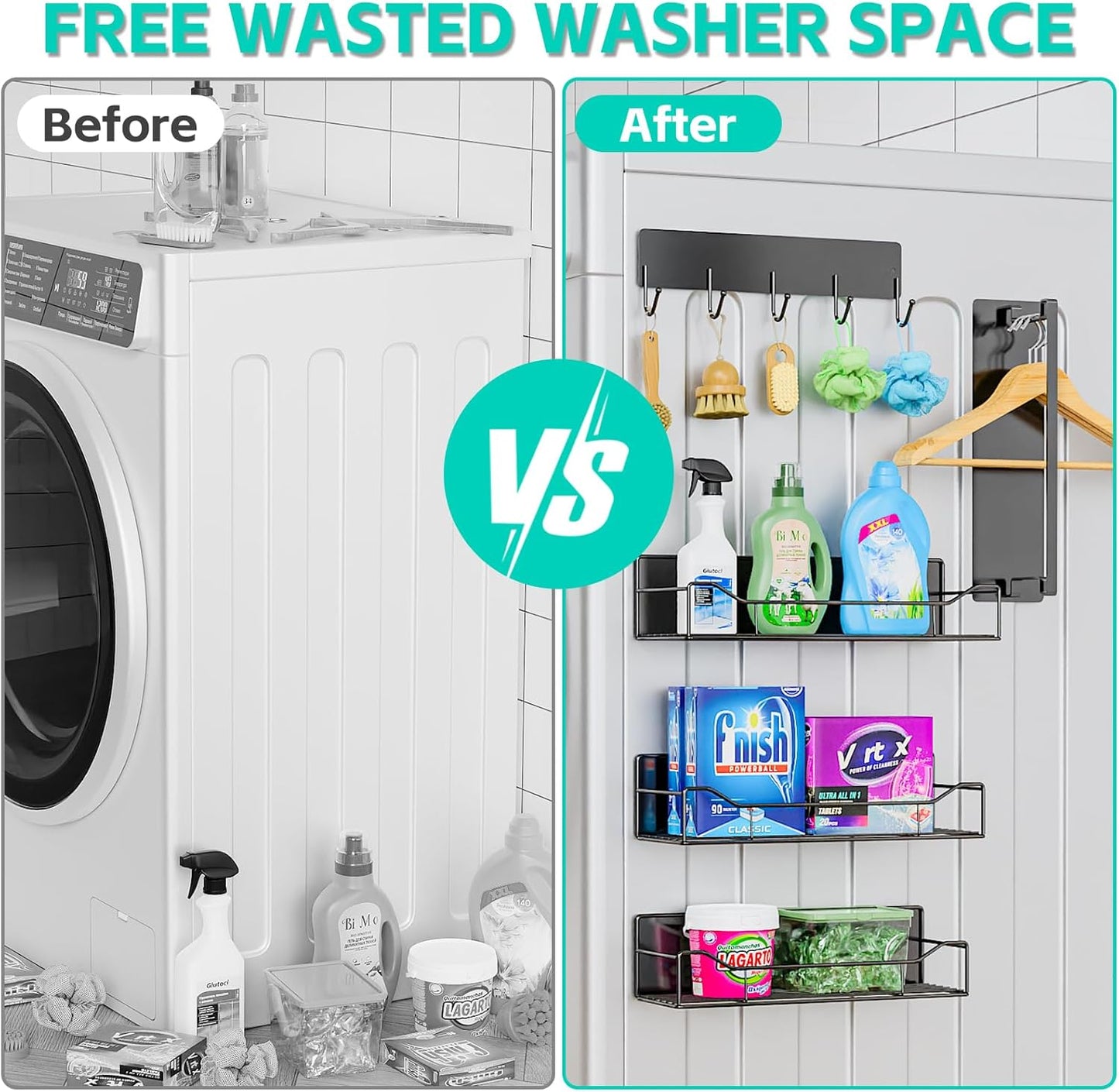 5 Pack Multifunctional Magnetic Shelves for Refrigerator Spice Rack & Washing Machine Organize, Include Towel Rack, Kitchen Utensil Hanger and Hooks, Strong Magnet for Secure Hold (Line style, Black)