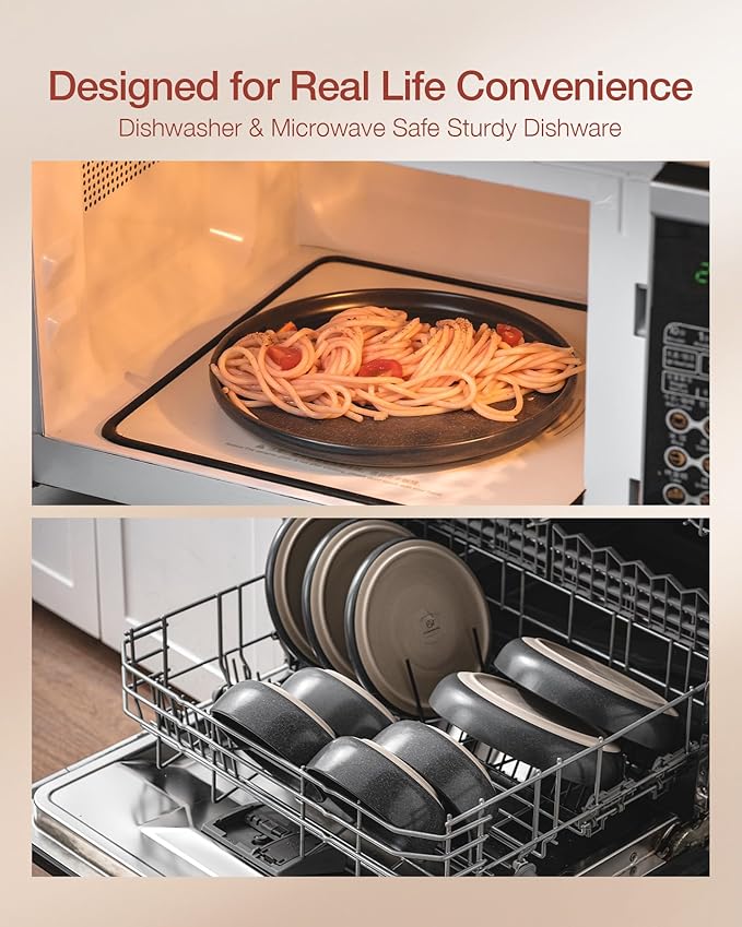 Famiware Milkyway Stoneware Dinnerware Sets with Pasta Bowls, Service for 4 (16 Pieces), Reactive Glaze Plates and Bowls Sets, Microwave and Dishwasher Safe Dishes Set, Matte Dark Charcoal