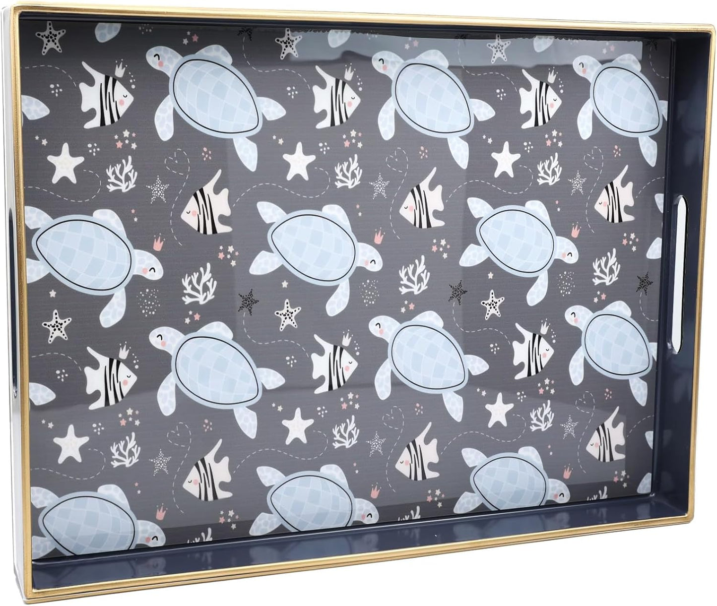 Spsyrine Decorative Serving Tray with Handles, Blue Lacquered Coffee Table Tray for Ottoman, Rectangle Waterproof Platters for Centerpieces, Parties, Living Room, Kitchen Counter Organization Turtle