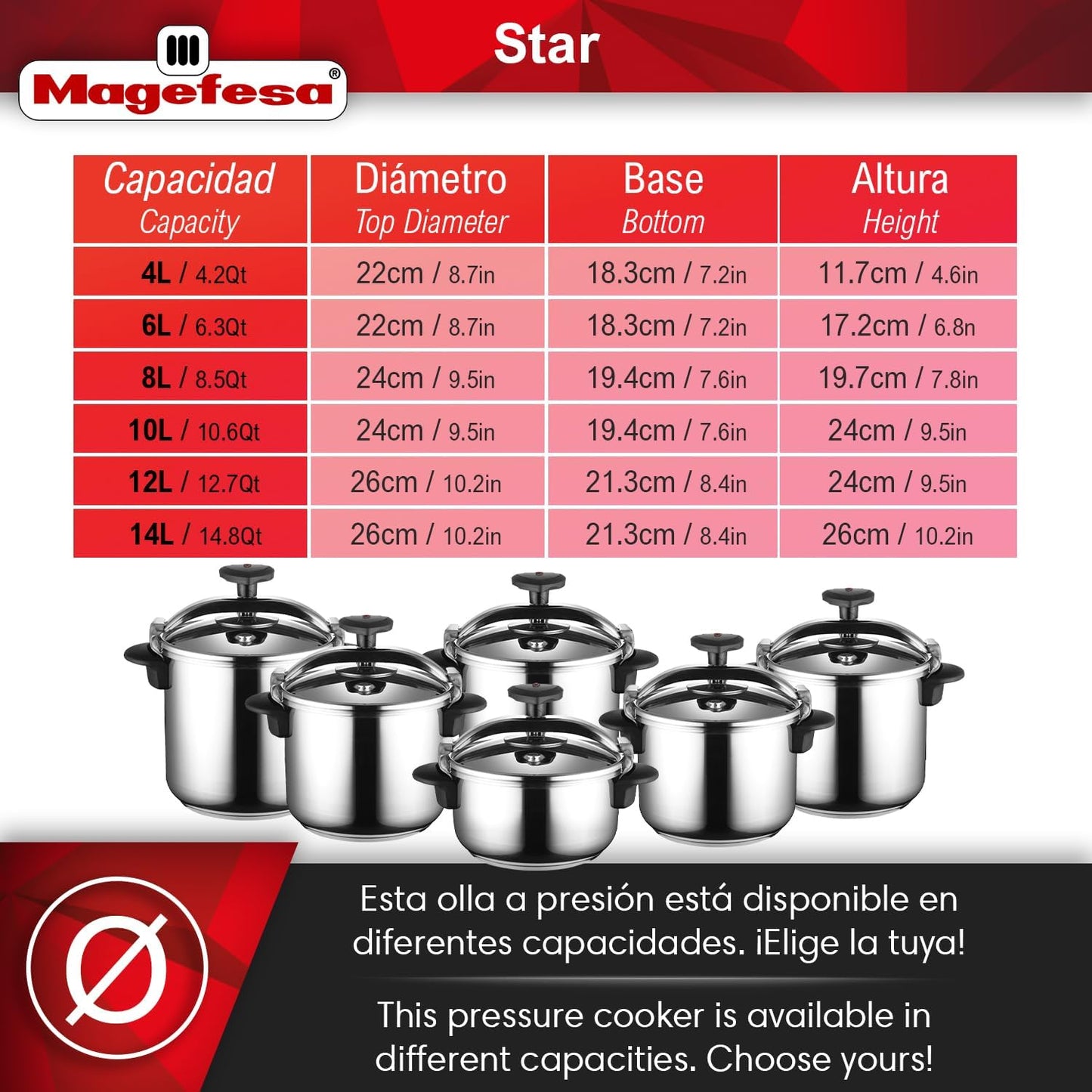 MAGEFESA Star Pressure Cooker, 10.6-Quart, 18/10 Stainless Steel, Works on All Stovetops (Induction Compatible), Safety Lock & 8 PSI Cooking