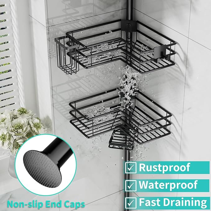HapiRm Corner Shower Caddy Organizer - Shower Organizer Corner with Soap Holder, Toothbrush Holder and 4 Hooks, Rustproof Bathroom Shelf Tension Pole Available for 27.6 to 108.3 Inch - Black