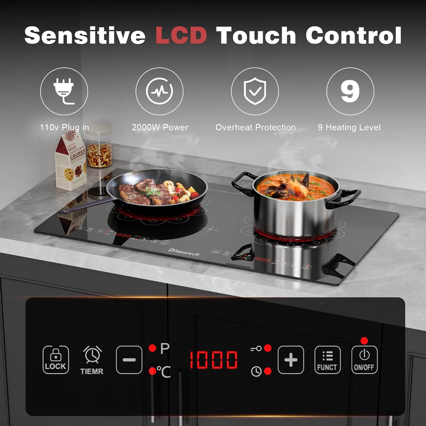 2 Burner Electric Cooktop - 24 Inch Electric Stove Built-in and Countertop, Portable Two Burner Ceramic Cook Top with Child Lock, Timer, Sensor Touch Control, 110V - 120V Plug in