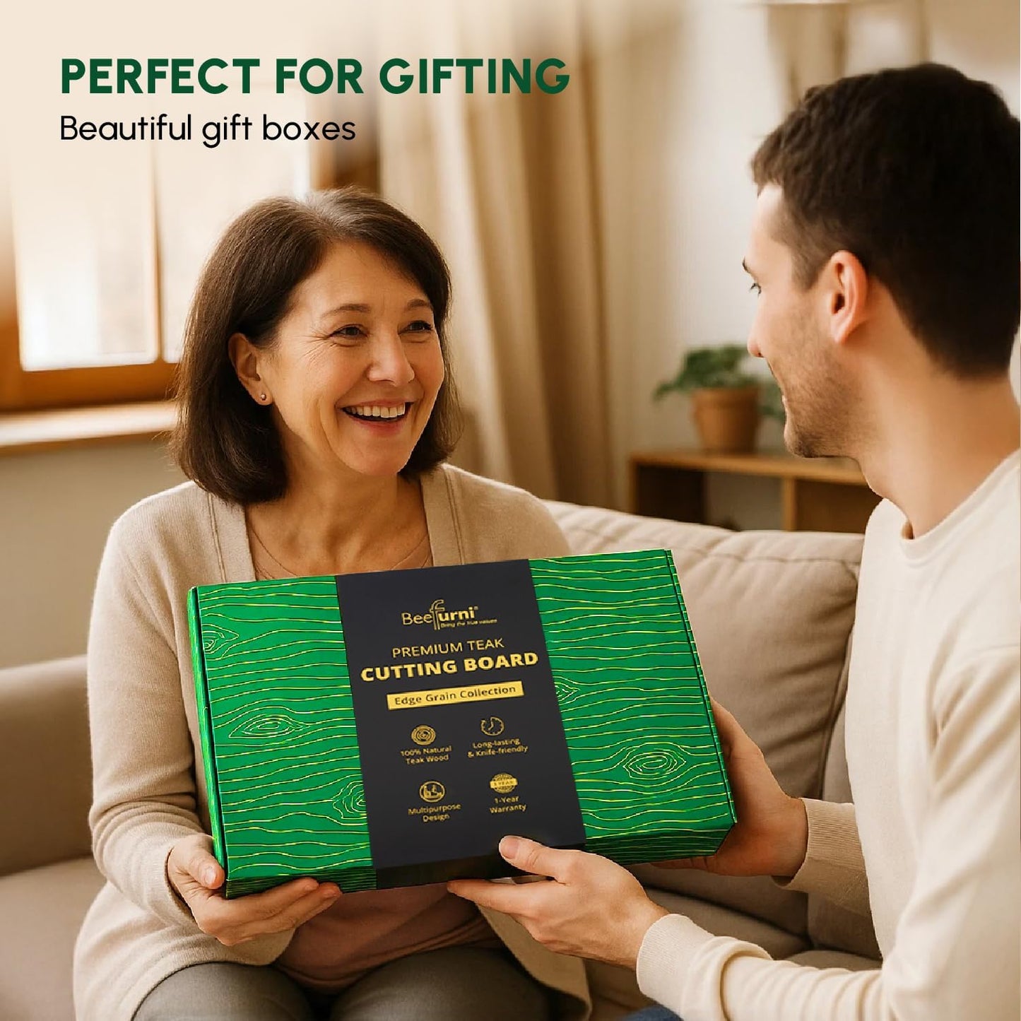 BEEFURNI Teak Wood Cutting Board with Juice Groove Hand Grip (M, 20x15x1.25"), Wooden Cutting Board for Kitchen, Butcher Block, Charcuterie Boards, Christmas Gifts, 1-year Manufacturer Warranty