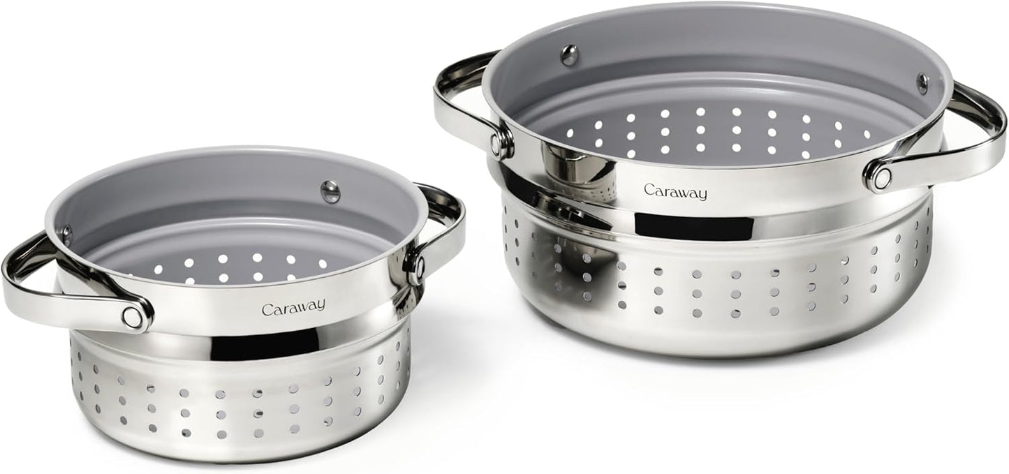 Caraway Steamer Duo - Stainless Steel Steamer with Handles - Non Stick, Non Toxic Coating - Steam Veggies, Seafood, and More - Compatible With Our Dutch Oven or Sauce Pan