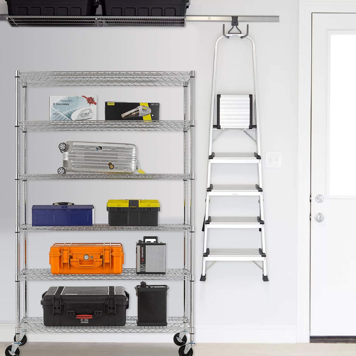 FDW 48 inch L×18 inch W×76 inch H Wire Shelving Unit Metal Shelf with 6 Tier Casters Adjustable Layer Rack Strong Steel for Restaurant Garage Pantry Kitchen Garage, Chrome