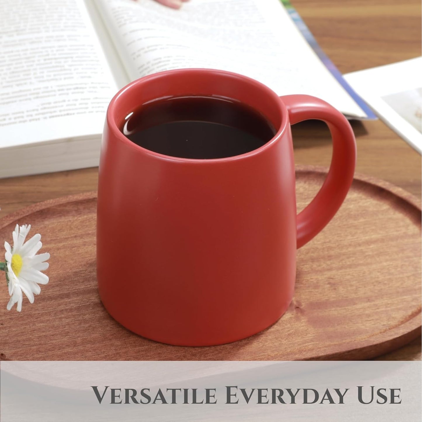 Classic Mug, 14 oz Large Coffee Mug with Handle, Ceramic Porcelain Tea Cup, Smooth Matte (Sliding Lid, Red)