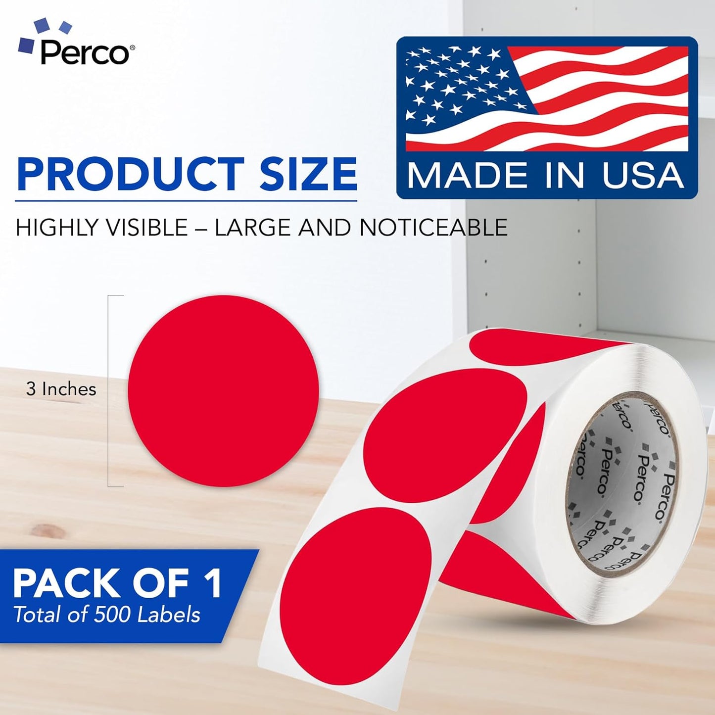 Perco Red 3-Inch Round Circle Dot Sticker Labels with Easy Peel Perforation - 500 Labels per Roll - Strong Adhesion, Vibrant Colors for Organizing, Crafting & More - Made in USA