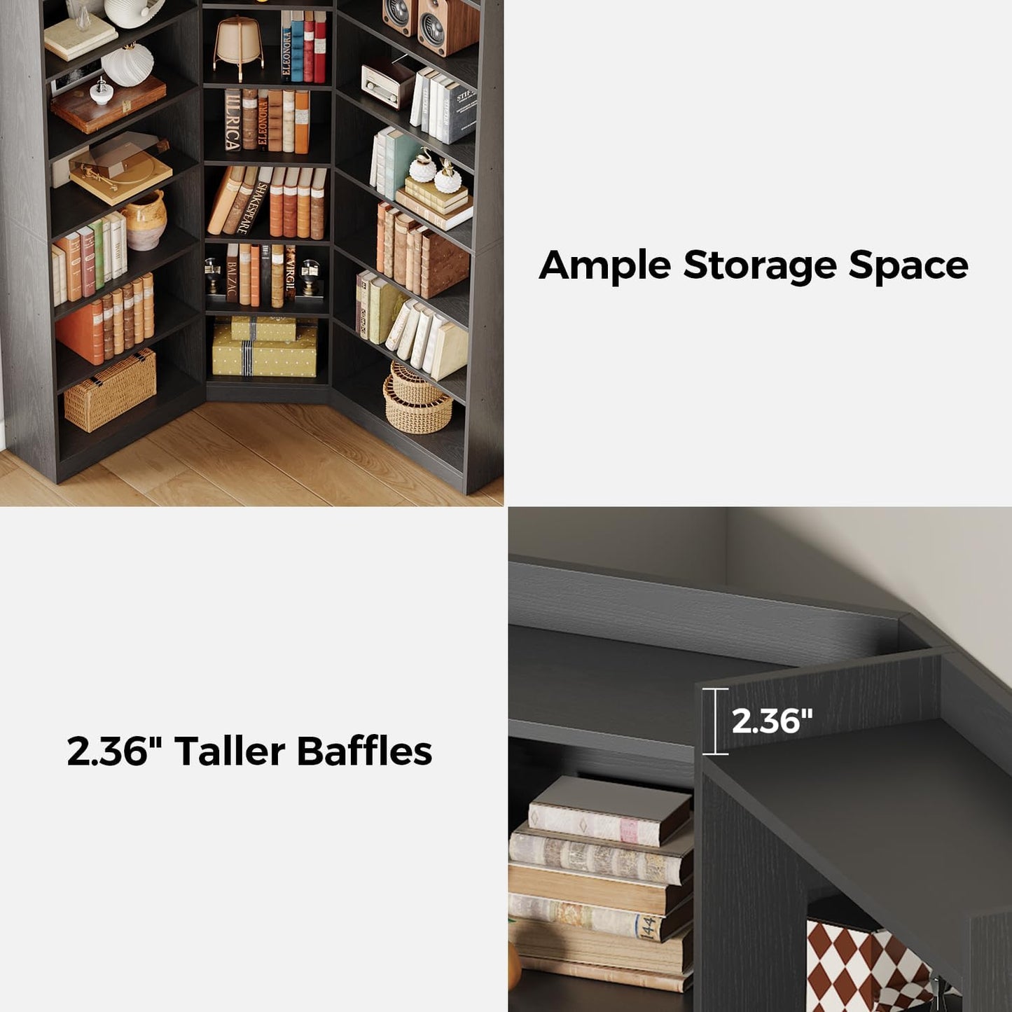 IRONCK Corner Bookshelf, 7-Tier Bookshelf with Storage, Corner Bookcases with Baffles Etagere Shelf for Living Room Home Office Bedroom, Black