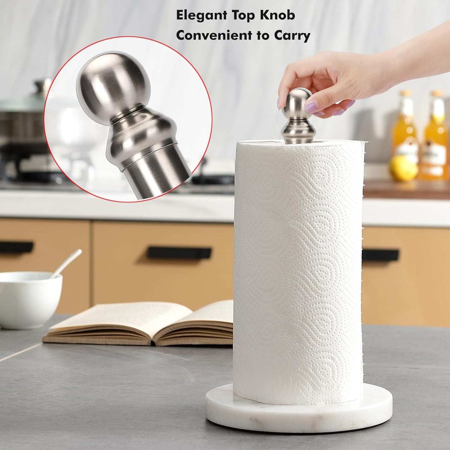 Paper Towel Holder Countertop with Heavy Marble Base, Standing Paper Towel Roll Holder for Kitchen Bathroom, with Weighted Base for One-Handed Operation