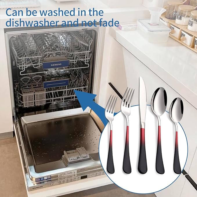20-Piece Black Red Silverware Set, 18/0 Stainless Steel Colorful Handle Flatware Set,Service for 4,Modern Cutlery Set Includes Dinner Knives Forks Spoons,Mirror Polished,Dishwasher Safe