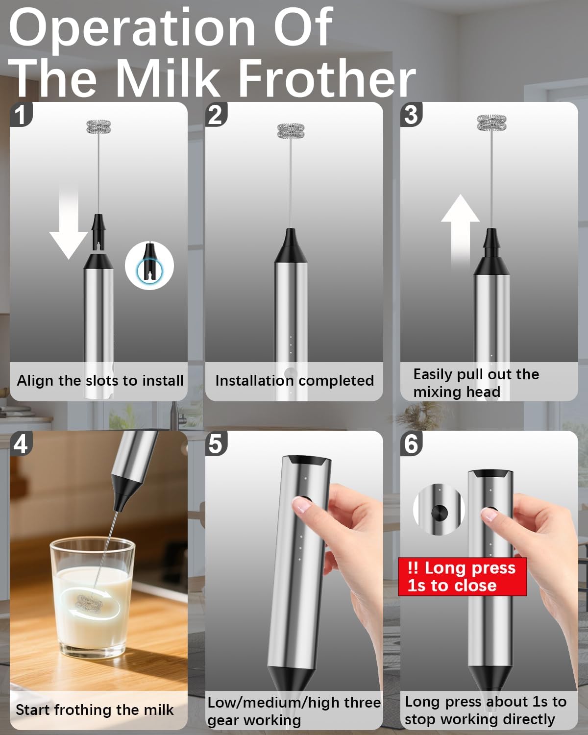 Rechargeable Milk Frother with Stand, Electric Frother Wand Handheld Coffee Foam Maker Detachable Stainless Steel Whisk Drink Mixer Foamer for Latte, Cappuccino, Hot Chocolate, Egg (Silver)