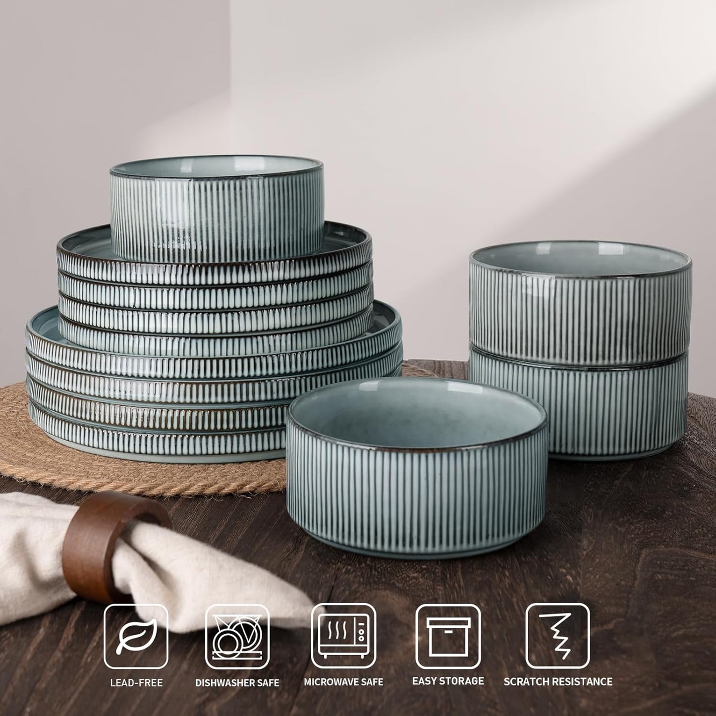 Famiware Star Dinnerware Sets, Plates and Bowls Set for 4, 12 Pieces Ribbed Dishes - Chip and Scratch Resistant, Microwave and Dishwasher Safe Tableware, Smoky Blue