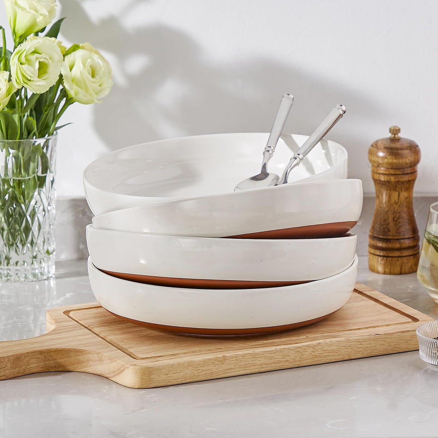 MALACASA 48 OZ Pasta Bowls Set of 4, Large Salad Serving Bowls for Kitchen, Ceramic Soup Bowls Pasta Plates for Dinner, Microwave Dishwasher Safe, Khaki White,Series TARA