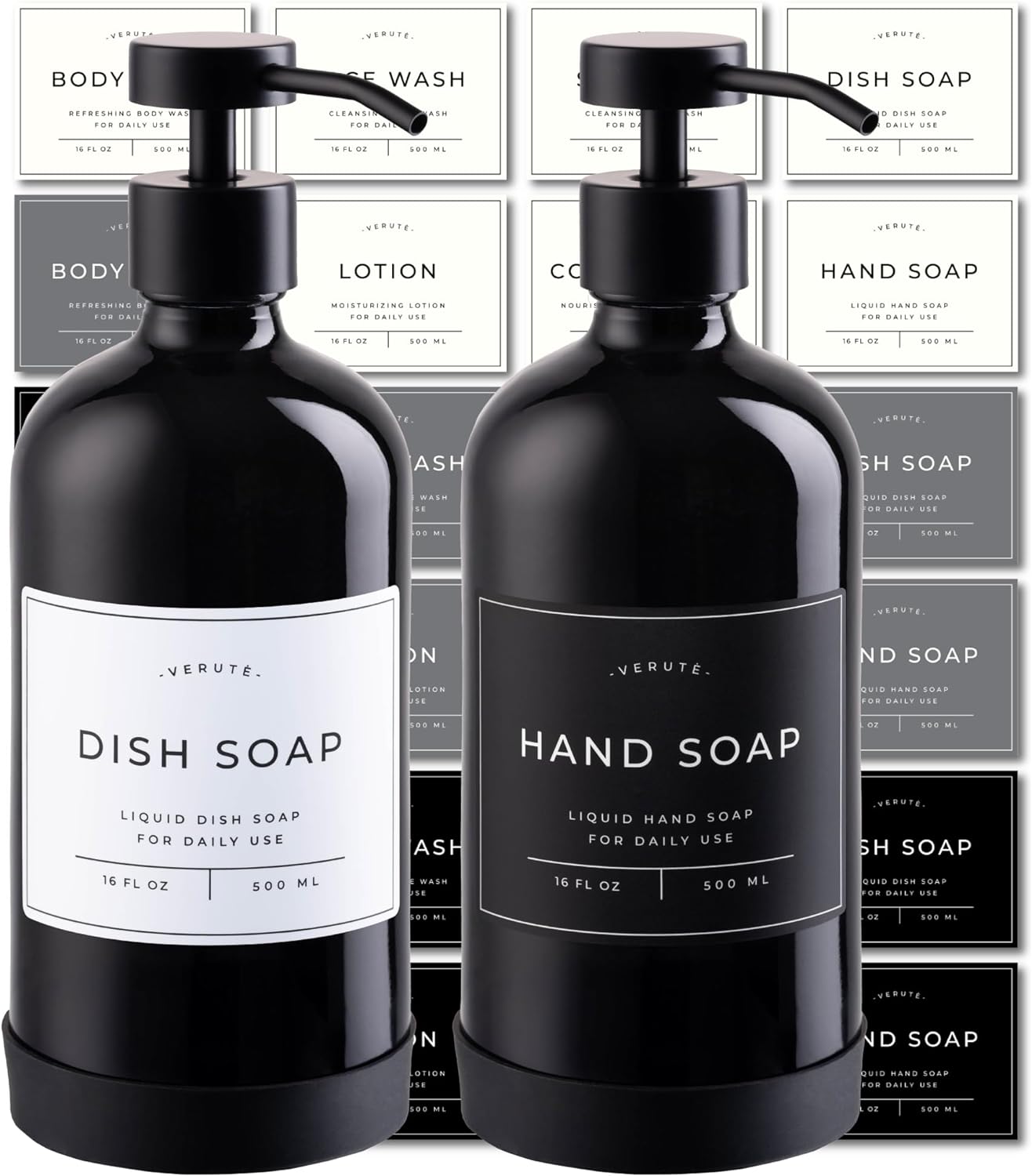 16oz Glass Soap Dispenser with Stainless Steel Pump, 21 Waterproof Labels, Non-Slip Protective Silicone Pad, Set of 2 for Bathroom & Kitchen (Gloss Black Bottle/Black Pump)