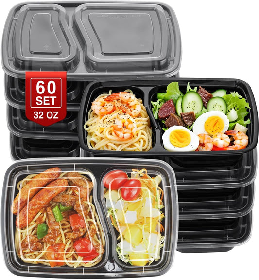 60 Sets 32oz Meal Prep Containers 2 Compartment - Plastic Food Storage Containers 2 Compartments with Lids