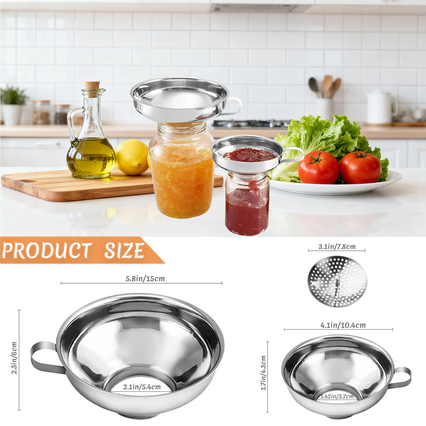 Canning Funnel with Strainer, Wide Mouth Funnels for Filling Wide and Regular Mason Jars, Food Grade Stainless Steel Canning Supplies for Kitchen Use, 3 Pack (Small and Large)