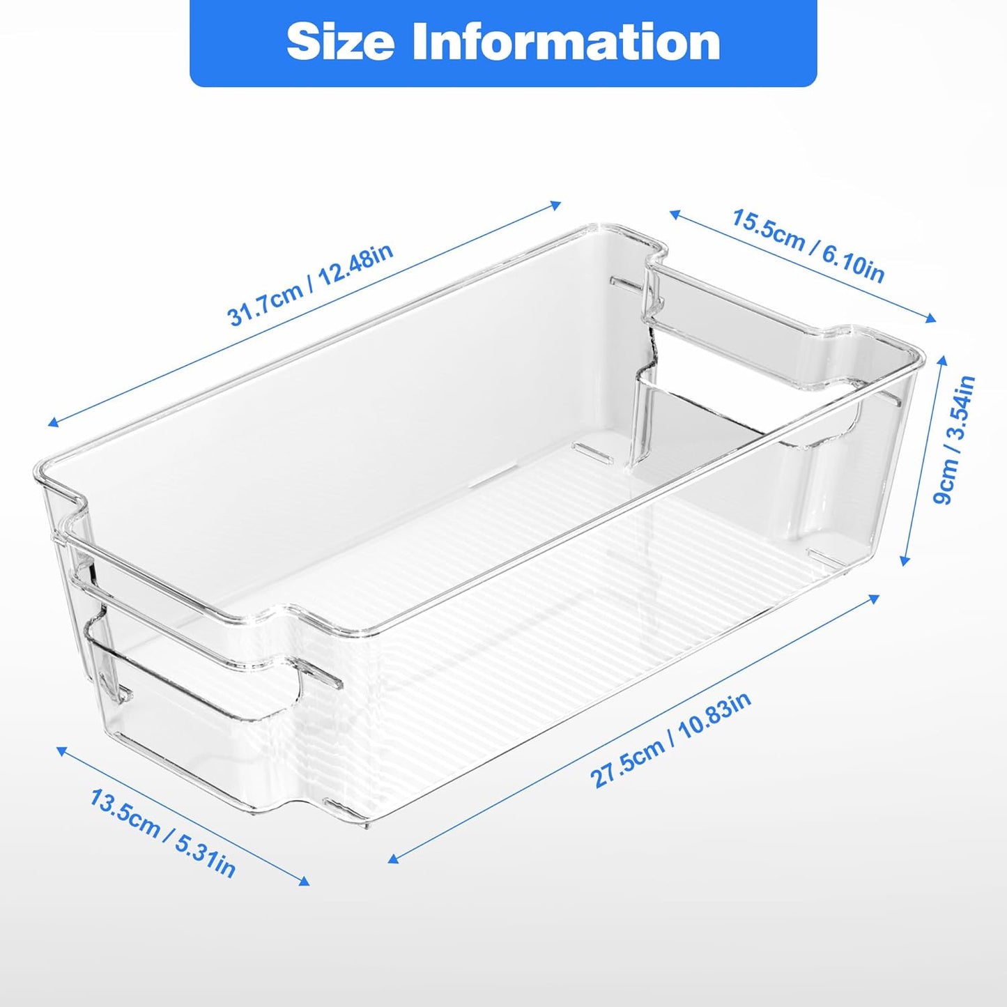 6 Pack Clear Refrigerator Storage Bins, Stackable Plastic Fridge Organizer Kitchen Pantry Storage Bins with Handles for Snacks, Freezer, Kitchen Cupboard, and Cabinet Organization