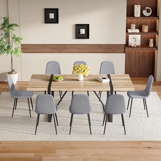 86.6" Dining Table Set for 8, Modern 9 Piece Wood Kitchen Table and Chairs Set, Rectangle Dining Room Table with 8 PU Leather Upholstered Chairs, Ideal for Home, Kitchen, or Apartment Dining