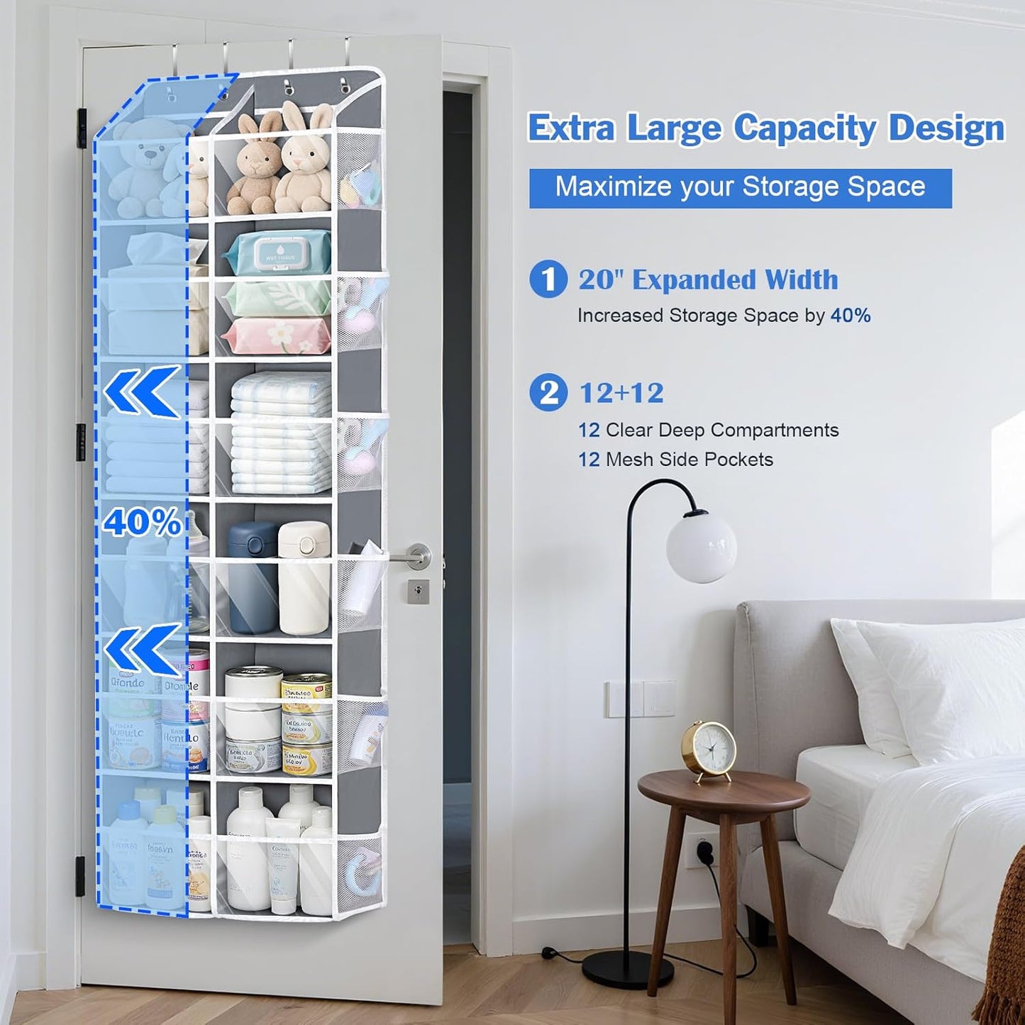 Univivi Over the Door Organizer, 6 Tiers Behind Door Storage with Clear Deep Pockets Hanging Organizer for Closet, Bedroom, Nursery, Bathroom and Sundries (Grey)