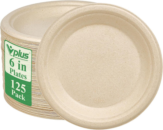 Vplus 125 Pack 6 inch Paper Plates 100% Compostable, Heavy-Duty Disposable Paper Plates Bagasse Natural Biodegradable Eco-Friendly Sugarcane(Nature)