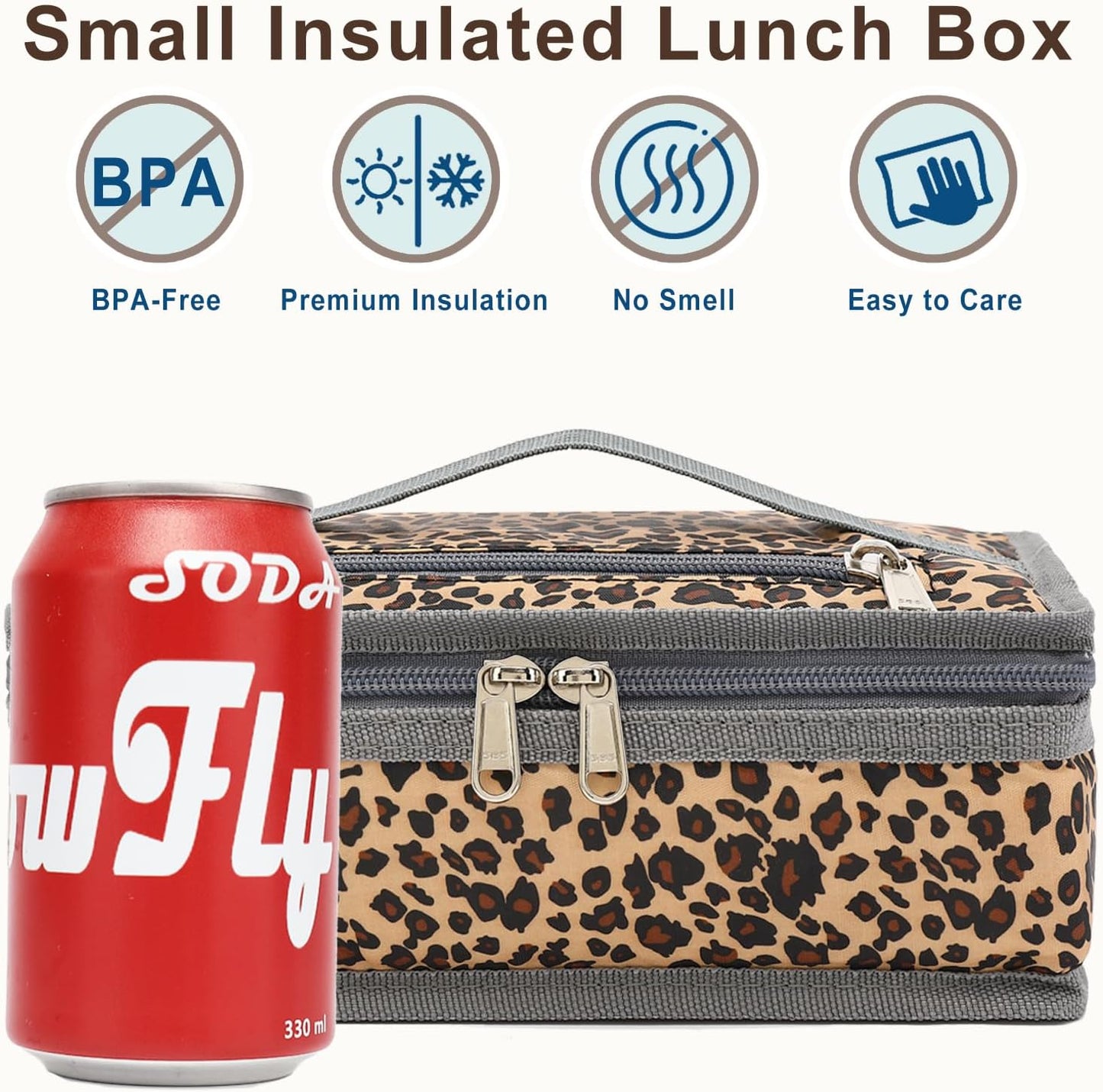 FlowFly Small Insulated Lunch box Portable Soft Bag Mini Cooler Thermal Meal Tote Kit with Handle for Work & School, Leopard