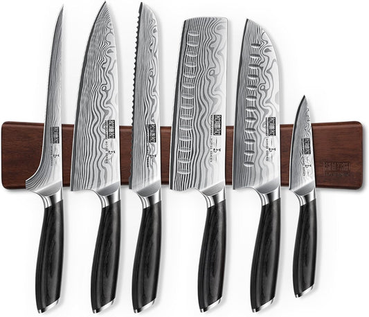 HOSHANHO 7 Pieces Knife Set with Magnetic Knife Holder, Ultra Sharp Powder Steel Kitchen Knives Set, Professional Chef Knife Sets with Ergonomic Pakkawood Handle