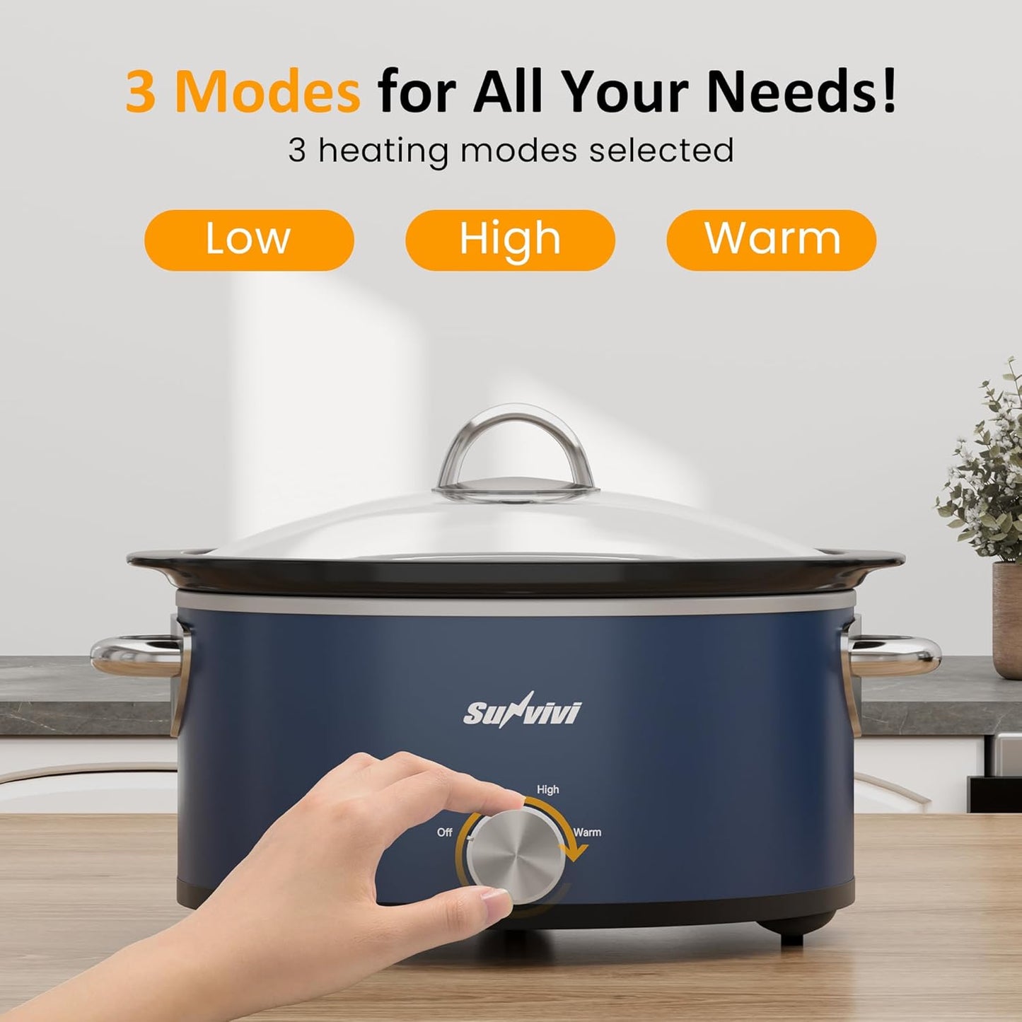 Sunvivi 3 Quart Slow Cooker & Mini Food Warmer with 3 Heating Settings, Removable Ceramic Pot, Dishwasher Safe Glass Lid, Stainless Steel, Blue