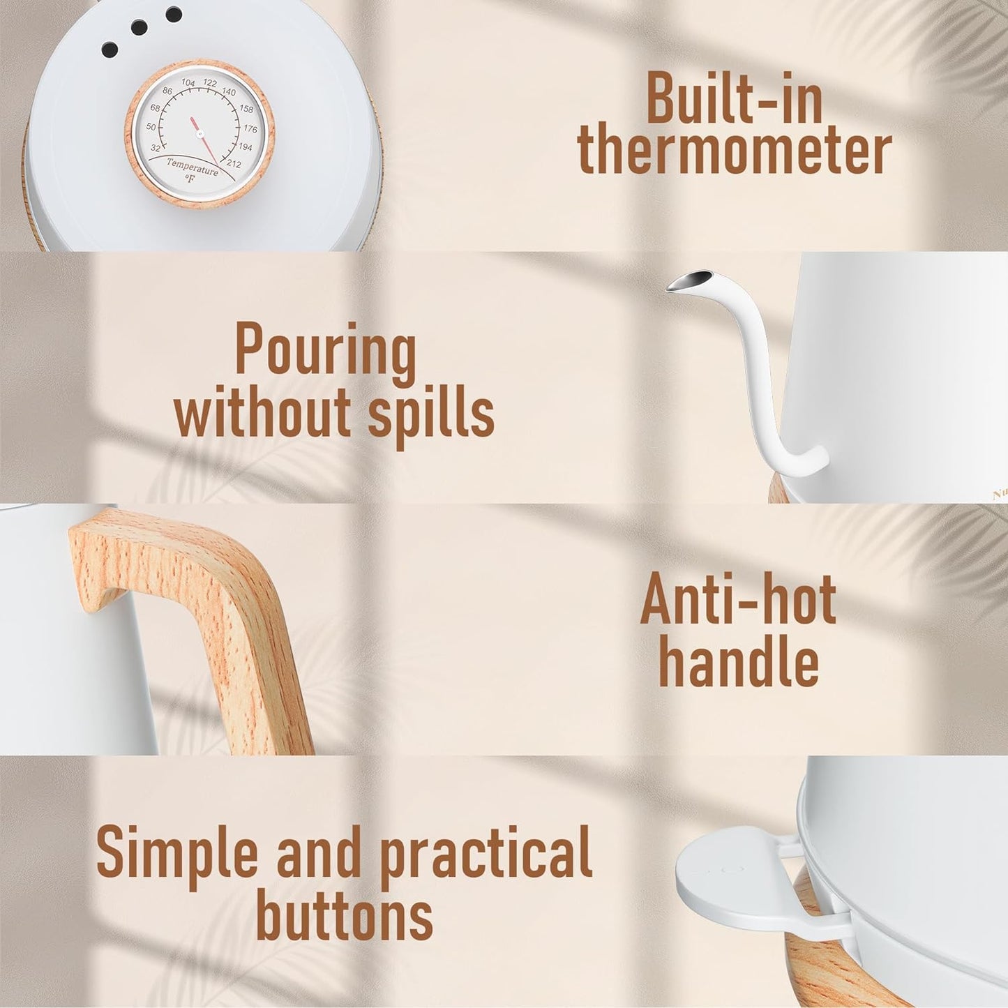 Nueve&Five Gooseneck Electric Kettle with Thermometer,Electric Tea Kettle 1L with Auto Shut-Off,1000W Hot Water Kettle of Stainless Steel for Coffee & Tea -White