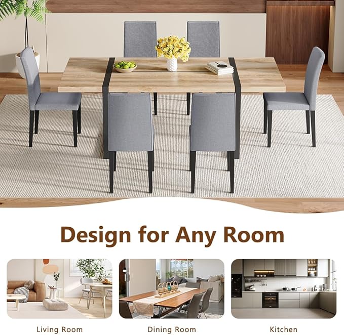 86.6" Dining Table Set for 6, Modern 7 Piece Wood Kitchen Table and Chairs Set, Rectangle Dining Room Table with 6 Linen Fabric Upholstered Chairs, Ideal for Apartment, Kitchen, Dining Room