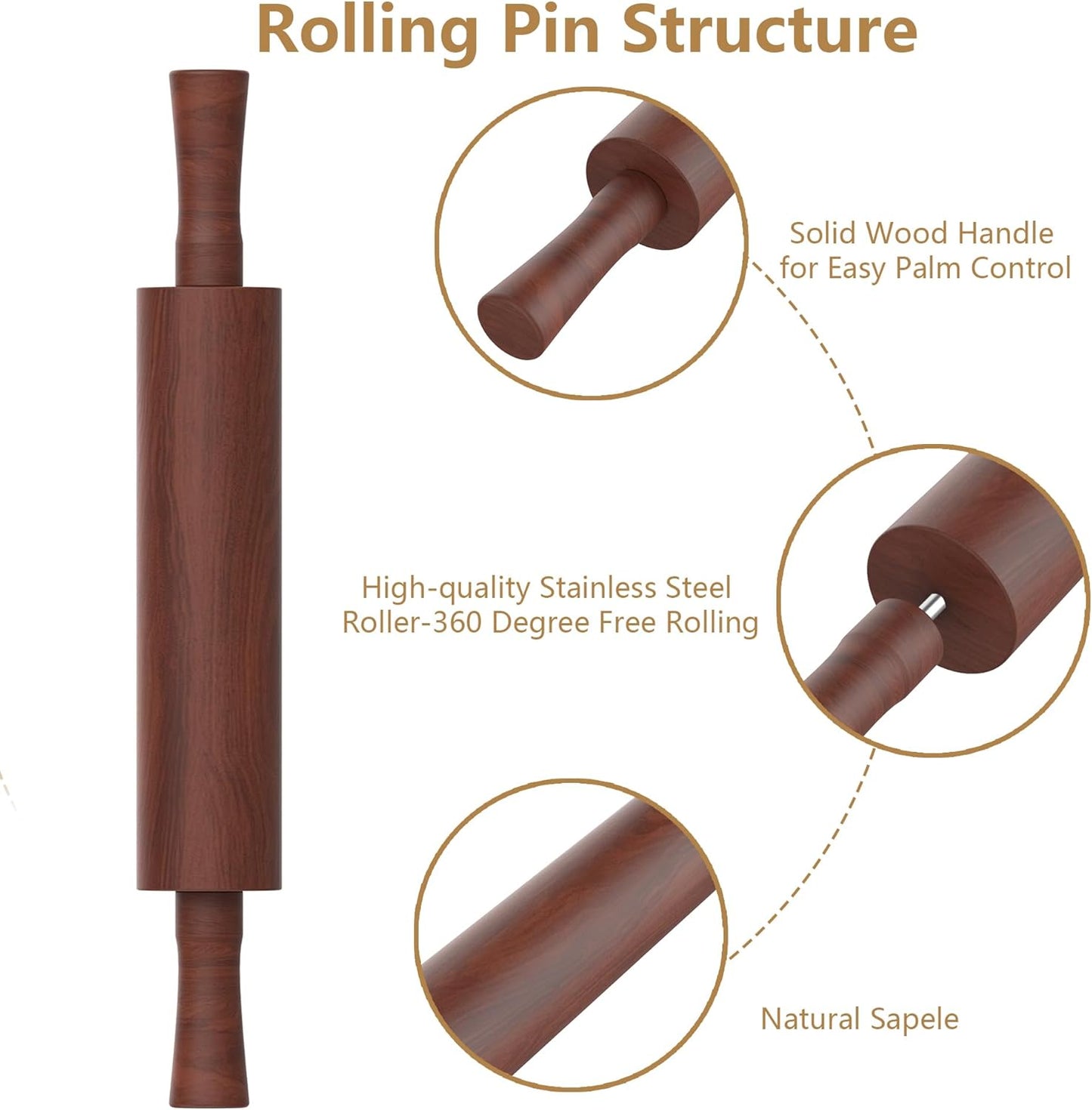 Classic Wooden Rolling Pin with Handle and Pastry Mat for Fondant, Pizza, Pies, Cookies,Rolling Pin for Baking with 3 Multi-Color Thickness Rings,17" x 2.5" (Include handle)