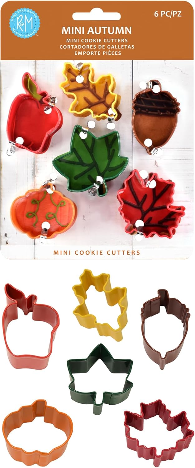R&M International Mini Autumn Leaf Cookie Cutters, Apple, Pumpkin, Acorn, Oak, Ivy, Maple, 6-Piece Set