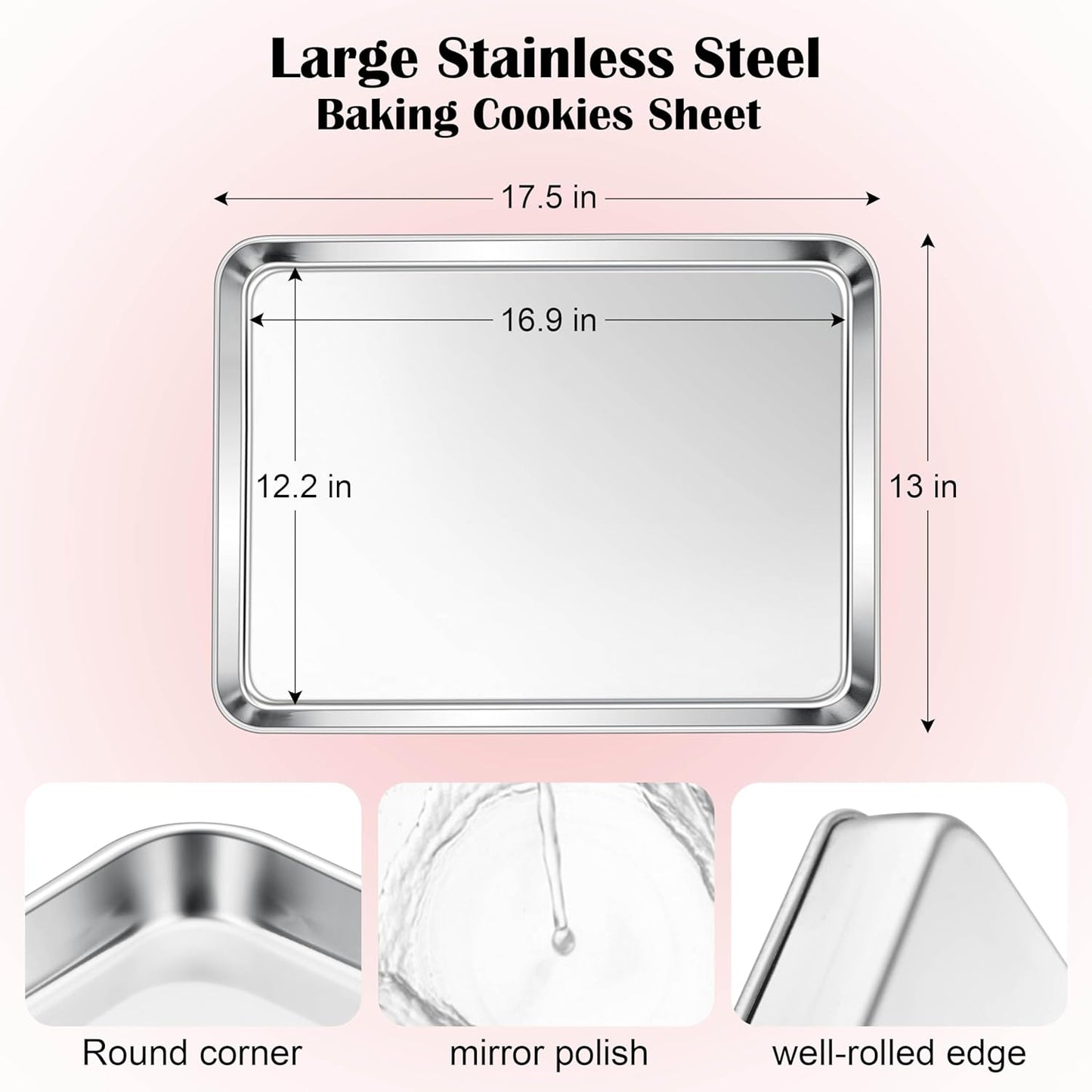 E-far Cookie Sheet for Baking, 18”x13” Stainless Steel Baking Sheet Pan for Oven, Large Non Toxic Metal Baking Tray for Cake Cookies, Healthy & Rust Free, Mirror Finish & Dishwasher Safe, 1 Pack