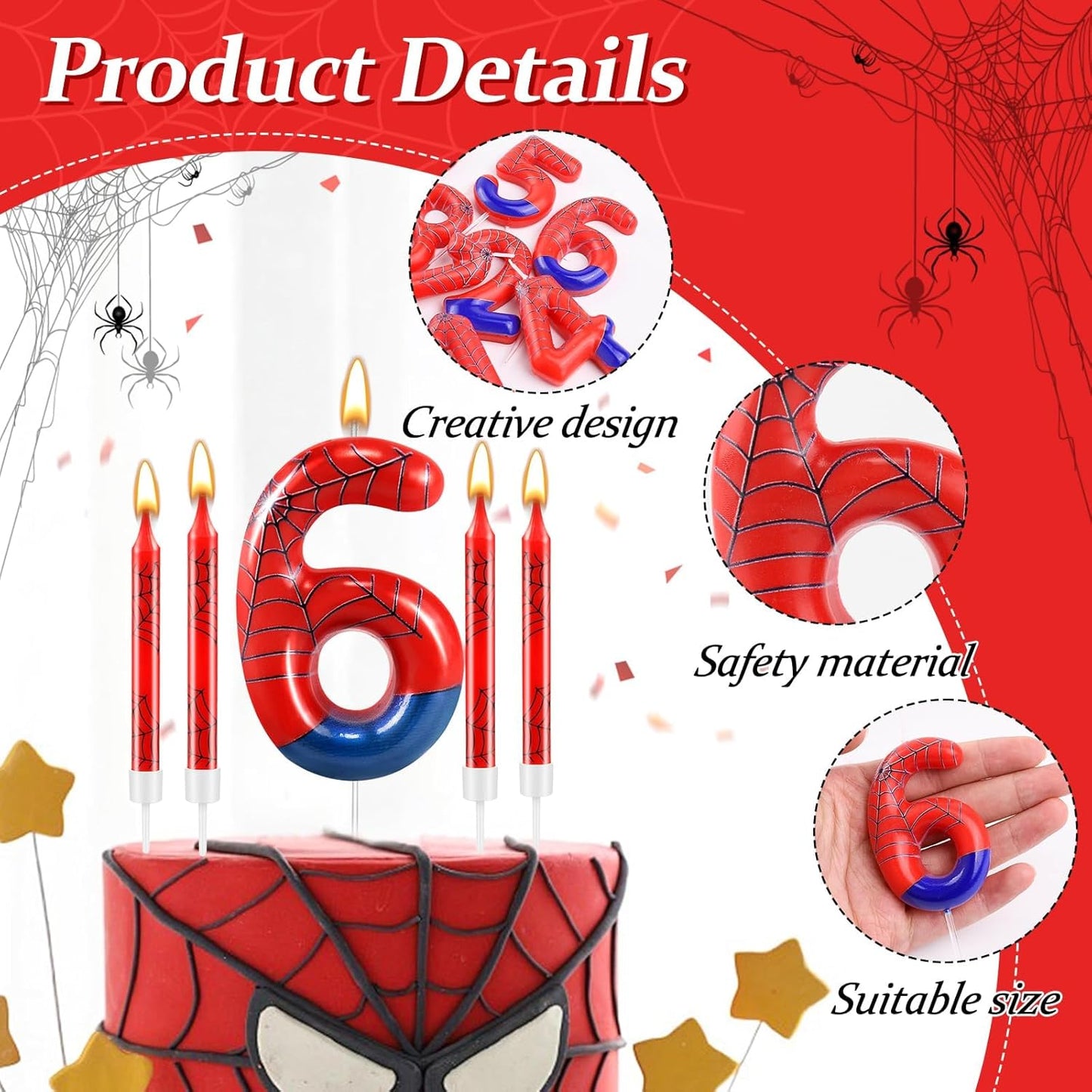 13 Pcs Spider Themed Birthday Candle Set Red Spider Theme Number 6 Candle Cake Topper for Boys Girls Birthday Decoration Spider Party Decoration Supplies (Number 6)
