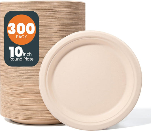 100% Compostable Paper Plates - 10 Inch, Bulk 300 Count - Disposable, Heavy Duty, Biodegradable Plates Made of Bagasse - Eco-Friendly, Large Size (Natural)