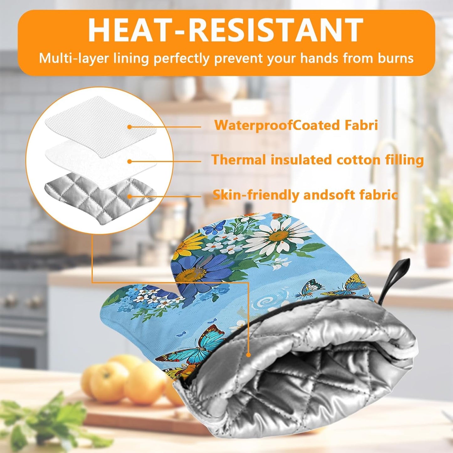 Sunflower Butterfly Oven Mitts and Pot Holders Sets 4Pcs,Extra Long Oven Gloves Potholder for Kitchen Cooking Baking BBQ 100% Cotton Heat Resistant