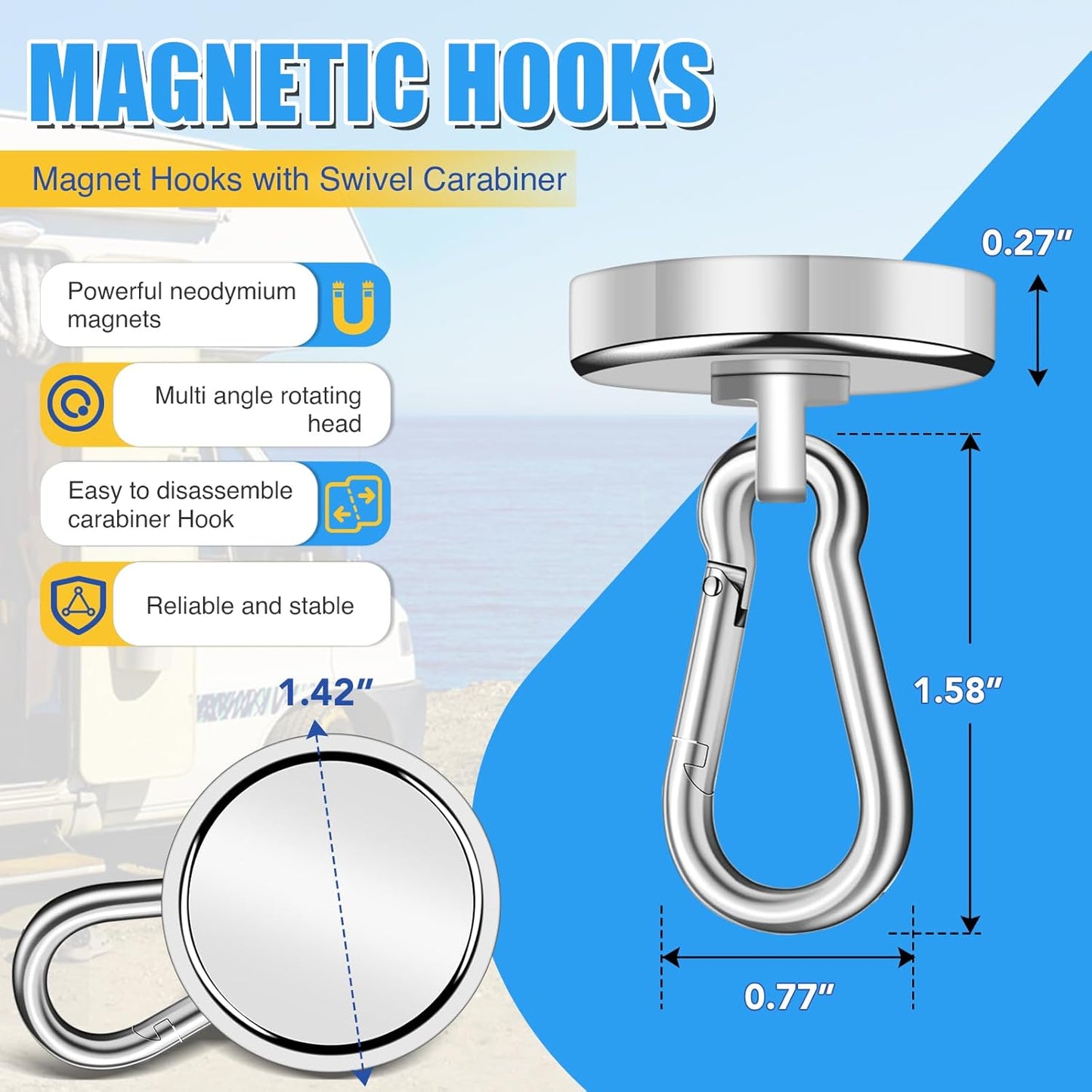 Magnetic Hooks Heavy Duty 150Lbs, 4 Pack Super Strong Magnetic Hooks with Swivel Carabiner for Cruise, Black Neodymium Magnet Hooks Magnetic Wall Hanger for Hanging, Toolbox, Grill, Cabins