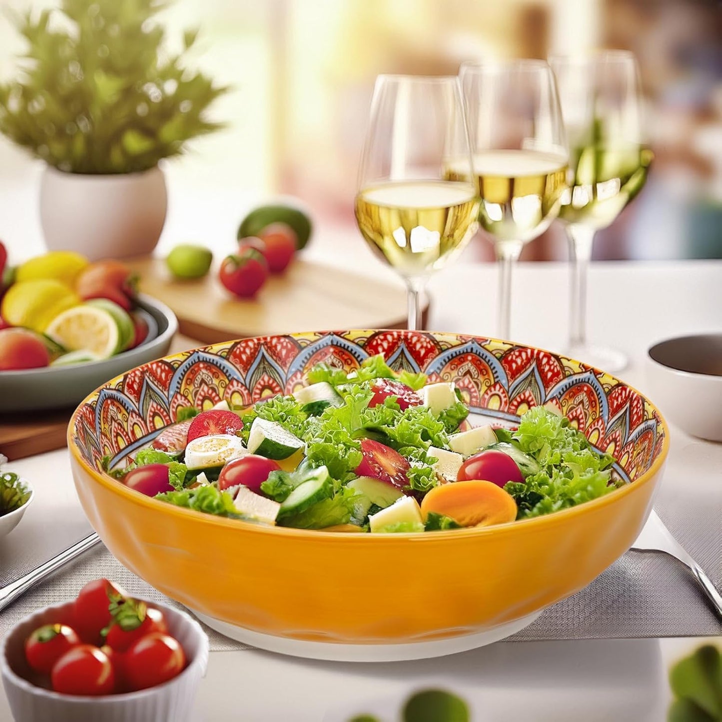 75 Oz Serving Bowls,Bohemian Style Large Porcelain Dishes for Entertaining Parties,Big Bowls for Eating Soup, Salad, Pasta, Fruit, Chips, 10.3 Inch Diameter (orange Beige)