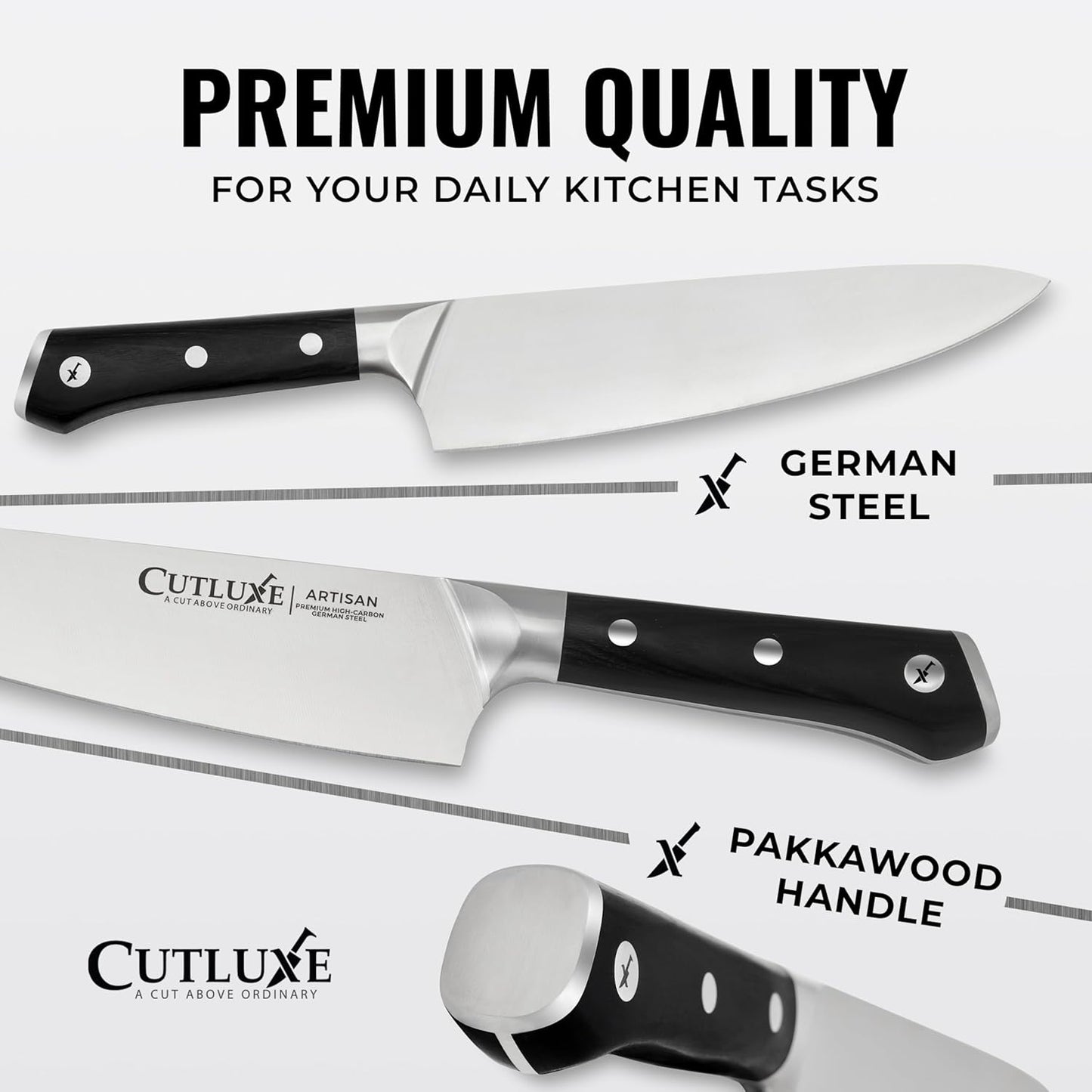 Cutluxe 15-Piece Knife Set – Premium Rubberwood Wood Block – Knife Set for Kitchen, Ultra Sharp High Carbon German Stainless Steel, Full Tang – Artisan Series