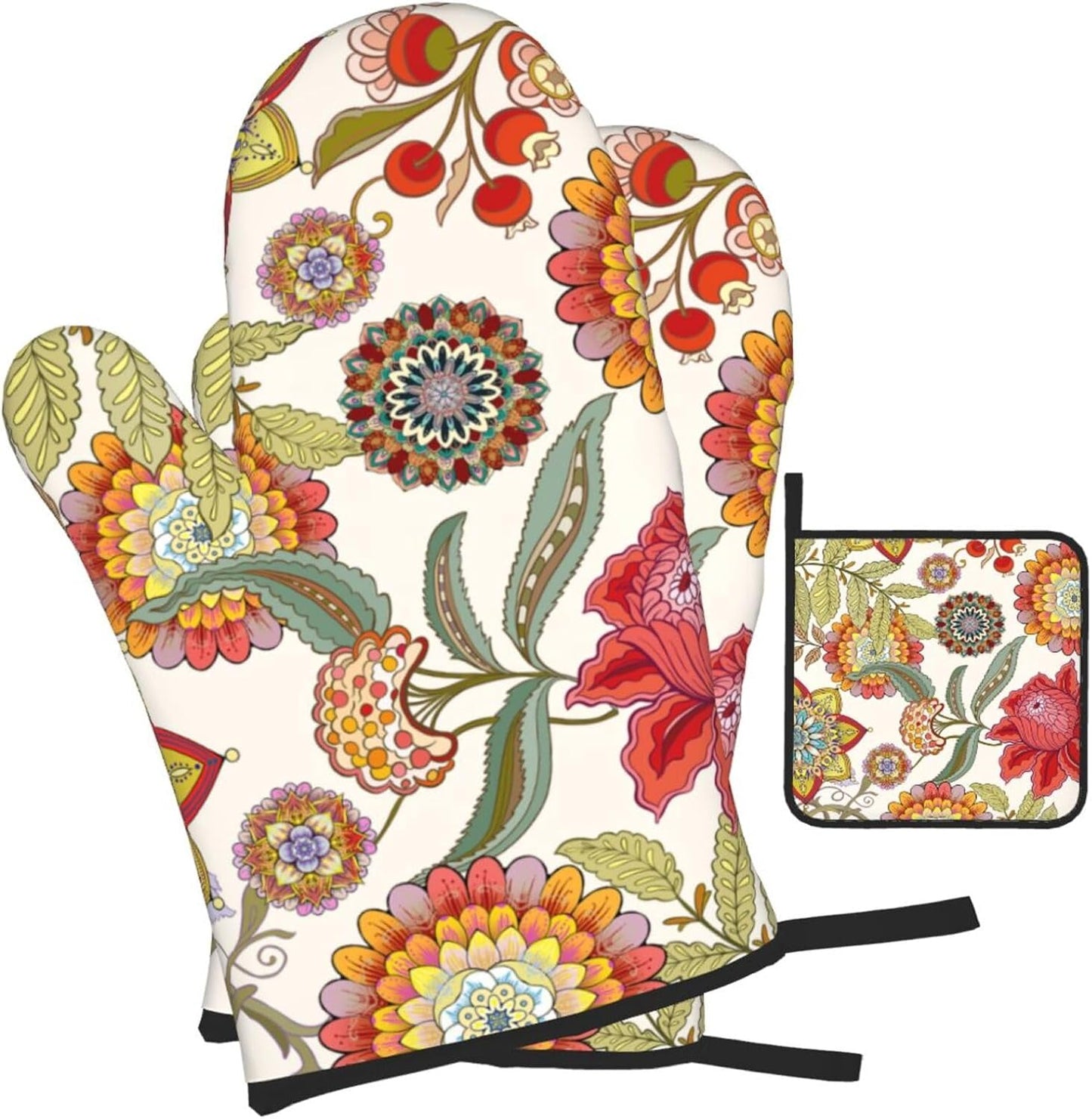 Boho Floral Oven Mitts and Pot Holders Sets of 3 Heat Resistant Hot Pads Colorful Flower Decorative Oven Gloves for Cooking Grilling Baking Kitchen Decor