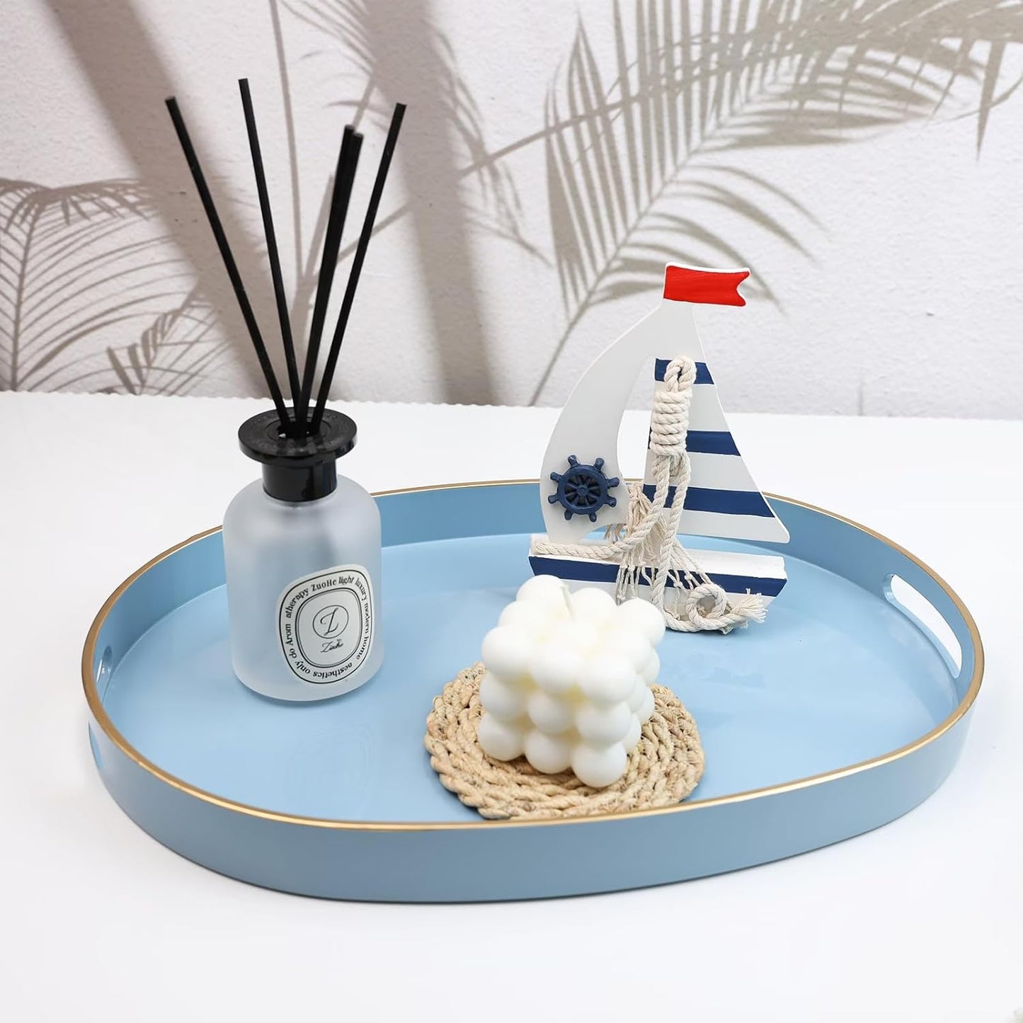 Spsyrine Blue Plastic Serving Tray for Ottoman, Coffee Table, Oval Decorative Tray for Entertaining, Outdoor, Living Room, Home Decor