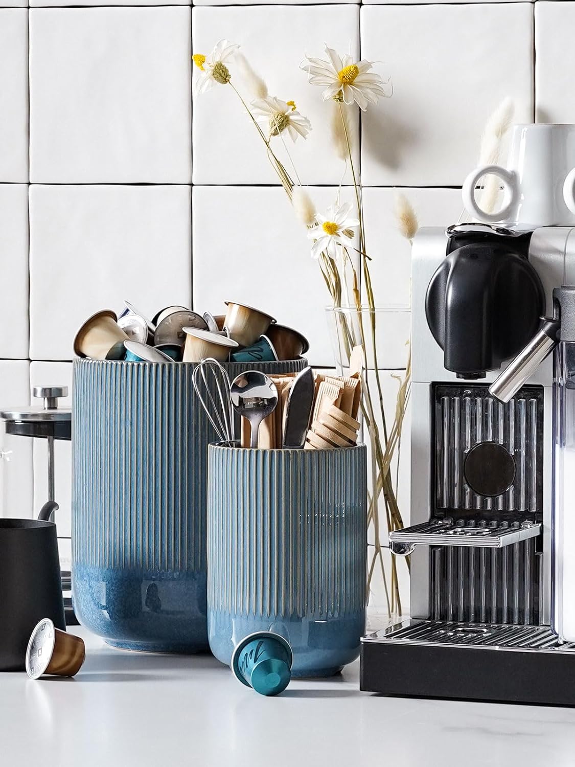 LE TAUCI Utensil Holder, 7.3"+5.4" Ceramic Kitchen Utensil Holder for Countertop, Large Cooking Utensil Crocks Gift for Mother's Day, Costal Ocean Home Kitchen Decor, Set of 2,Glaze Marble Blue