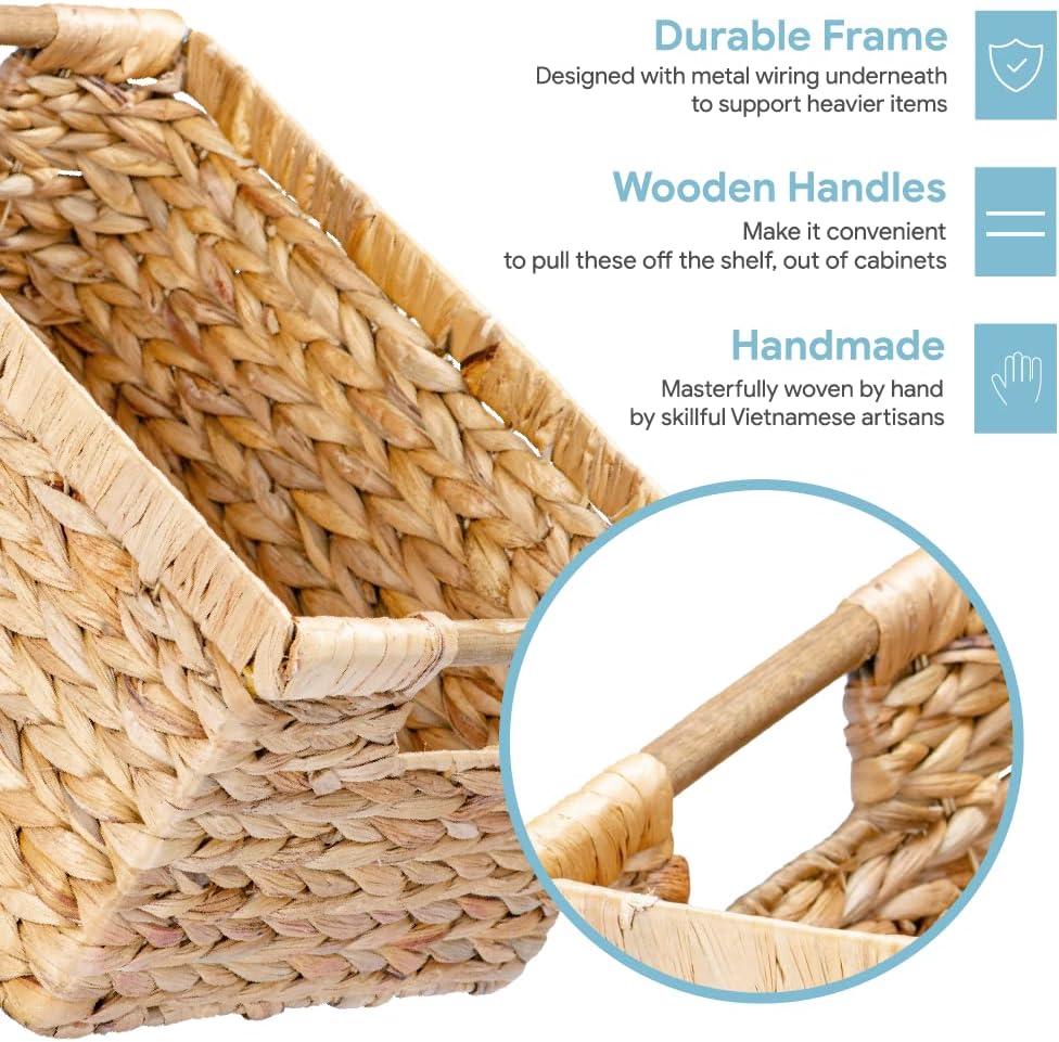 Large Wicker Basket Rectangular with Wooden Handles for Shelves, Water Hyacinth Basket Storage, Natural Baskets for Organizing, Wicker Baskets for Storage 14.5 x 10.3 x 7.5 inches - 3 Pack