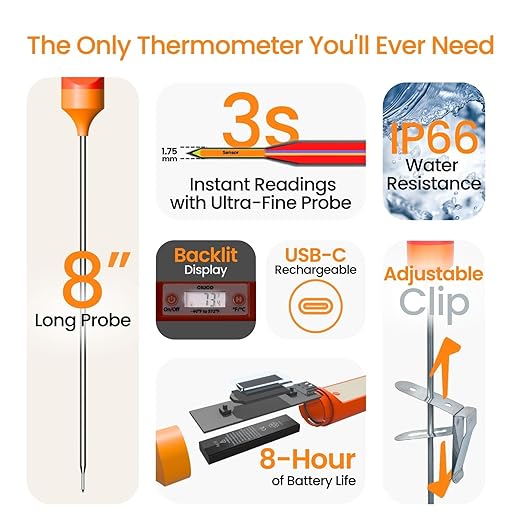 Candy & Meat Thermometer with Type-C Rechargeable Digital Instant Reading for Candy Making, BBQ, Deep Frying, & Liquids, 8" Long Probe,CT180-L