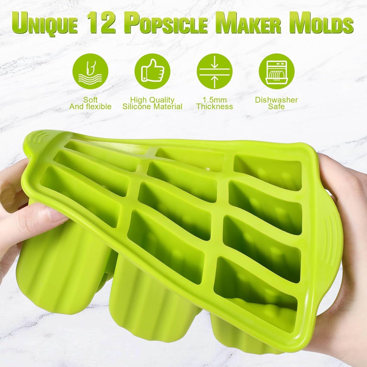 Silicone Popsicles Molds,Ice Pop Cream Mold Set Homemade Toddler Popsicle Maker For Kids Para Paletas De Helado Kulfi BPA Free, with 50 Sticks, 50 Bags,50 wire Ties (Green)