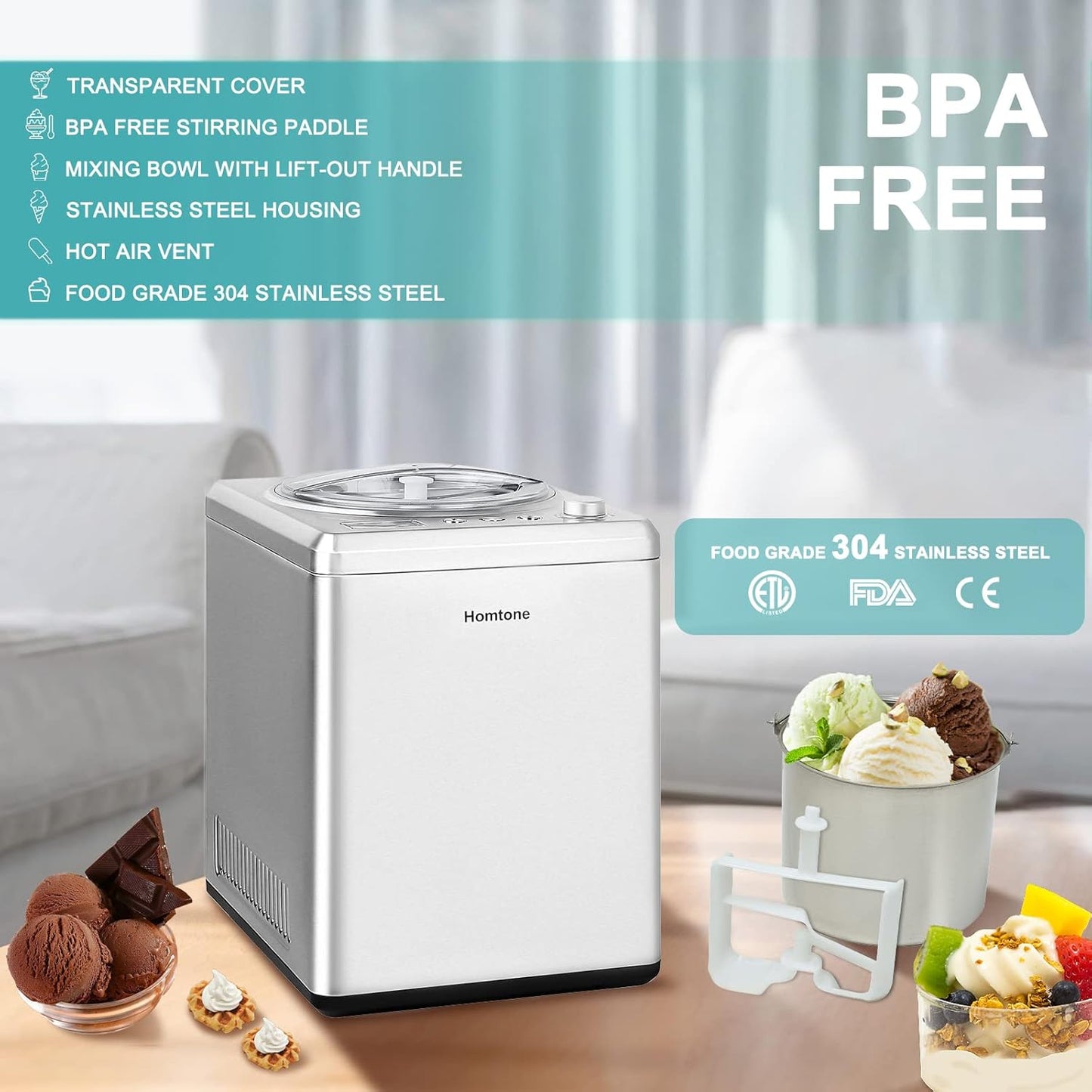Homtone 2.64 QT Ice Cream Maker, No pre-Freezing & Large Capacity Automatic Ice Cream Machine with Compressor, Easy Operate & Clean, Keep Cooling for 2H, All Stainless Steel, LCD Digital Display