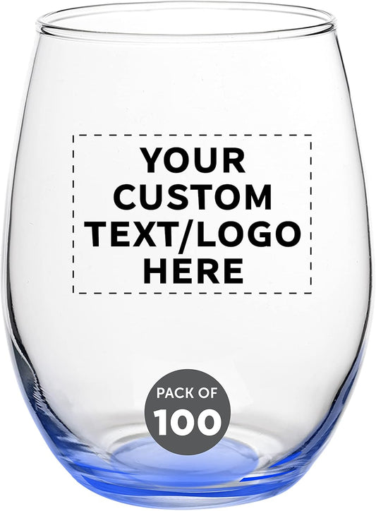 Custom Stemless Wine Glasses in Bulk by ARC Perfection, 15 oz, 100 pack, Personalized Text, Logo, Red or White Wine Glass Set, Blue