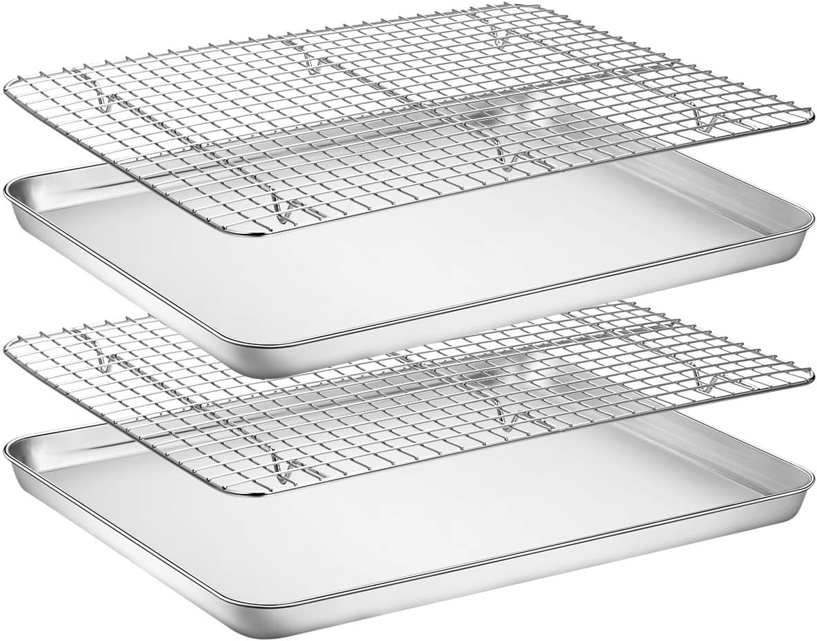 Baking Sheet with Rack Set [2 Pans + 2 Racks], Wildone Stainless Steel Cookie Sheet Baking Pan Tray with Cooling Rack, Size 18 x 13 x 1 Inch, Non Toxic & Heavy Duty & Easy Clean