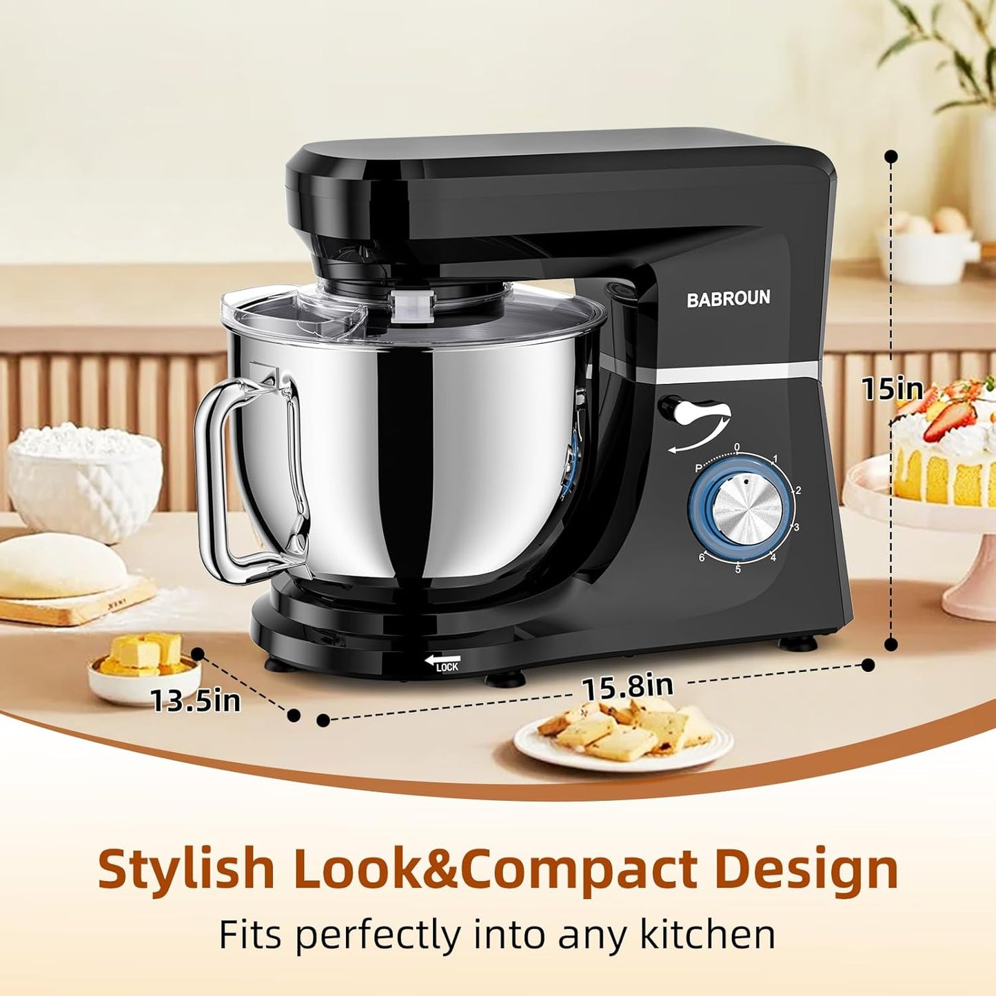 8.45 QT Stand Mixer - 660W 6 Speed Large Capacity Kitchen Electric Mixer with Whisk Dough Hook Mixing Beater Household Food Mixer for Baking Cakes Cookie Bread Salad (Black)