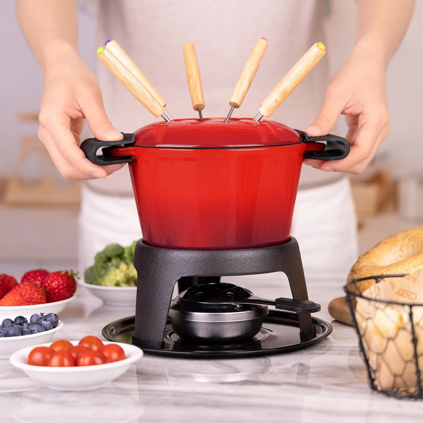 Mabeeze Cast Iron Fondue Pot Set for Cheese, Chocolate or Meat - Red Enameled 1.6 Qt Pot - Includes 6 Fondue Forks